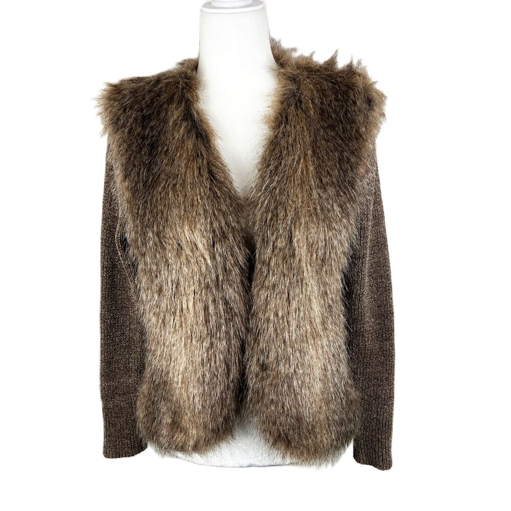La Seine Sweater Women Small Brown Knit Faux Fur Trim Open Front